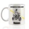 Personalisierte Tasse mit Supermoto-Motiven, Name und Wunschtext, Geschenk für Motorradfahrer