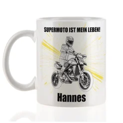 Personalisierte Tasse mit Supermoto-Motiven, Name und Wunschtext, Geschenk für Motorradfahrer