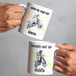 Personalisierte Tasse mit Supermoto-Motiven, Name und Wunschtext, Geschenk für Motorradfahrer