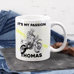 Personalisierte Tasse mit Supermoto-Motiven, Name und Wunschtext, Geschenk für Motorradfahrer