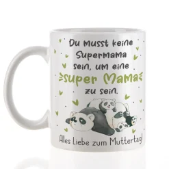 Personalisierte Tasse - Super Mama - mit Panda Motiv & Wunschtext als Geschenk zum Muttertag