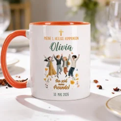 Personalisierte Tasse zur Kommunion - Ihr seid meine Freunde! Keramiktasse mit Anlass, Name & Datum