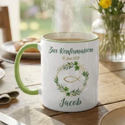 Personalisierte Tasse zur Kommunion, Taufe & Konfirmation mit Name – Ichthys & Kranz aus Zweigen