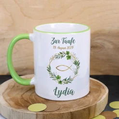 Personalisierte Tasse zur Kommunion, Taufe & Konfirmation mit Name – Ichthys & Kranz aus Zweigen