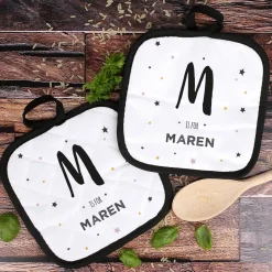 Personalisierte Topflappen im 2er Set mit Initiale & Name | Sterne-Motiv