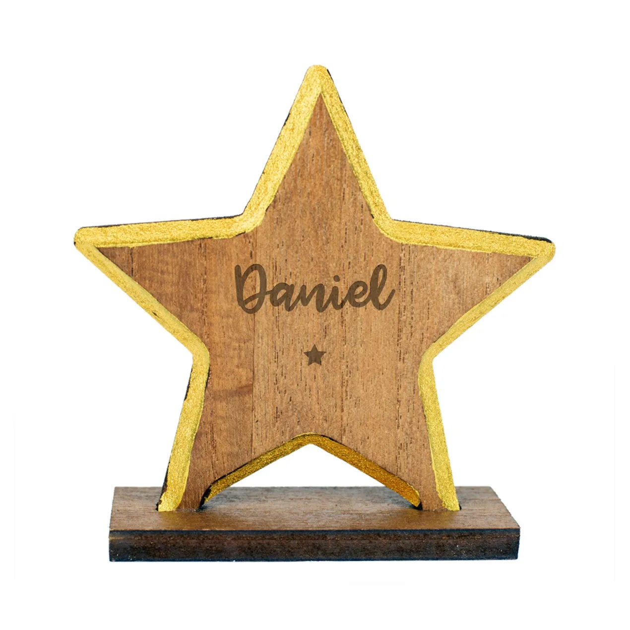 Personalisierte Weihnachtsfigur aus Holz mit Gravur & Goldrand | Stern, Engel oder Tannenbaum