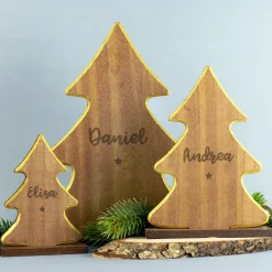 Personalisierte Weihnachtsfigur aus Holz mit Gravur & Goldrand | Stern, Engel oder Tannenbaum