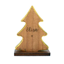 Personalisierte Weihnachtsfigur aus Holz mit Gravur & Goldrand | Stern, Engel oder Tannenbaum