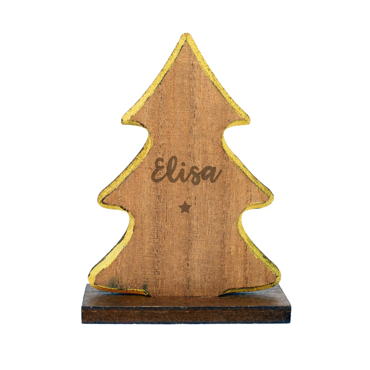 Personalisierte Weihnachtsfigur aus Holz mit Gravur & Goldrand | Stern, Engel oder Tannenbaum