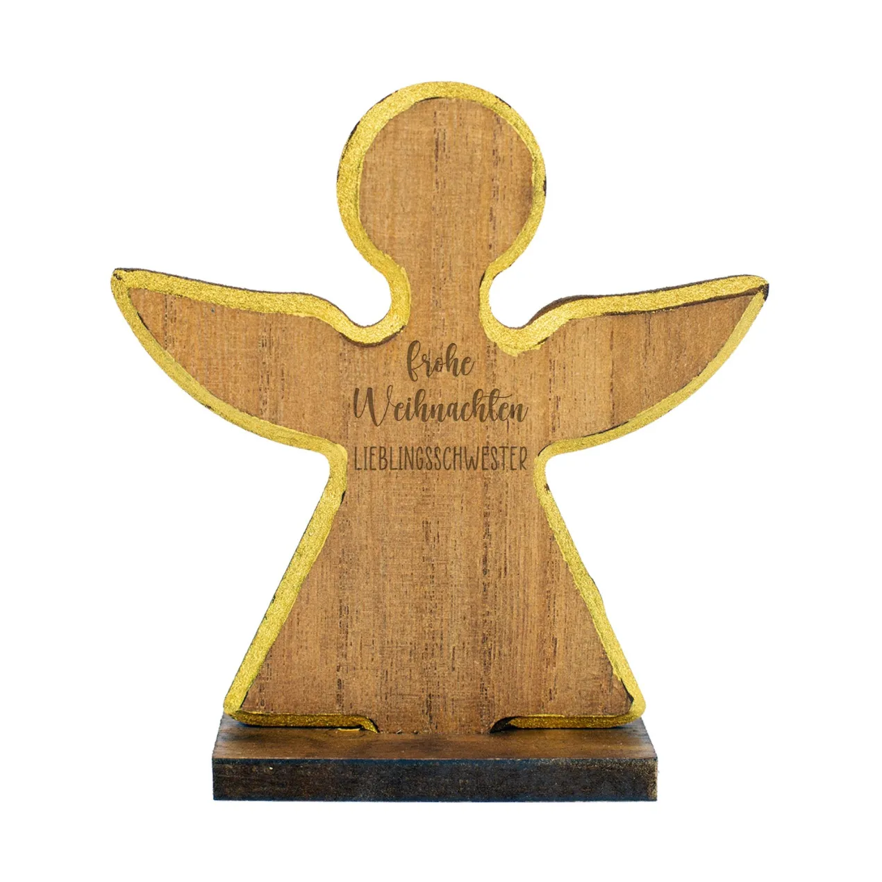 Personalisierte Weihnachtsfigur aus Holz mit Wunschtext | Engel, Stern oder Tanne mit Goldrand