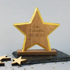 Personalisierte Weihnachtsfigur aus Holz mit Wunschtext | Engel, Stern oder Tanne mit Goldrand