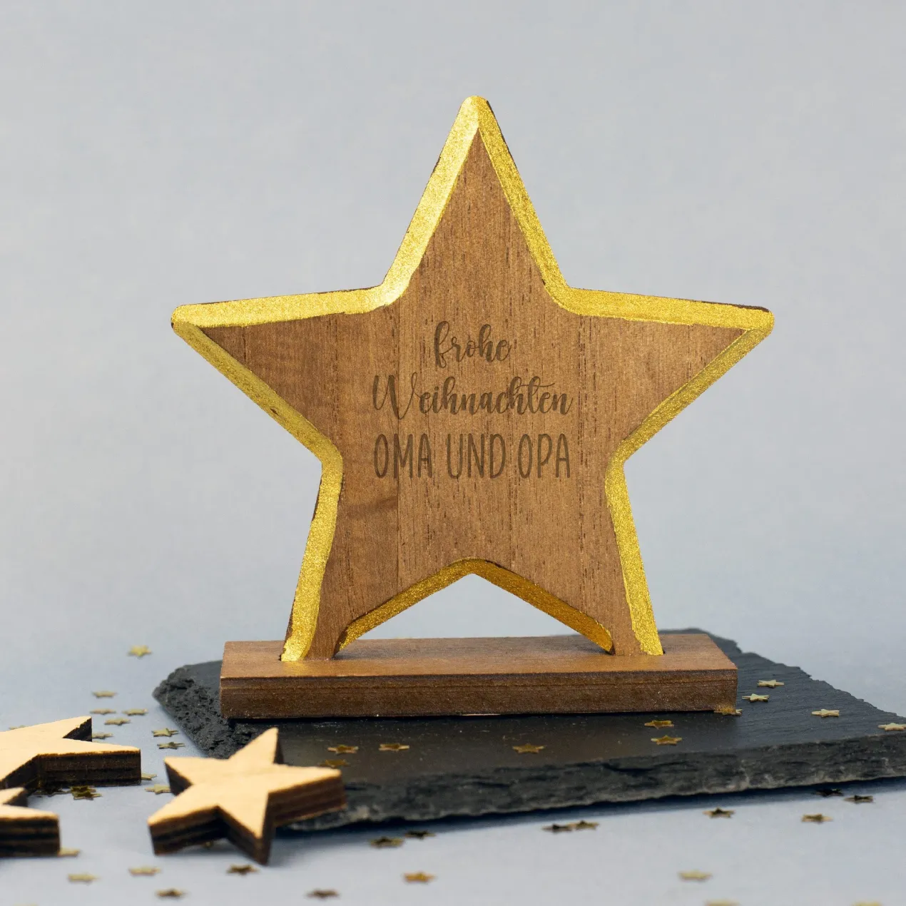 Personalisierte Weihnachtsfigur aus Holz mit Wunschtext | Engel, Stern oder Tanne mit Goldrand