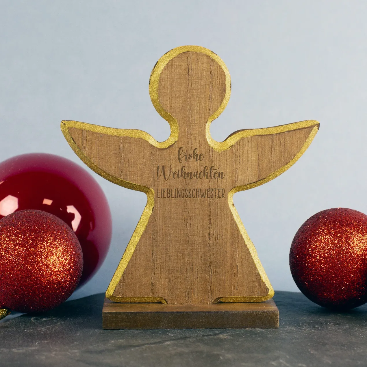 Personalisierte Weihnachtsfigur aus Holz mit Wunschtext | Engel, Stern oder Tanne mit Goldrand