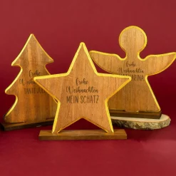 Personalisierte Weihnachtsfigur aus Holz mit Wunschtext | Engel, Stern oder Tanne mit Goldrand