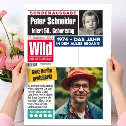 Personalisierte XL Geburtstagszeitung Karte | A4 Klappkarte mit 4 Fotos