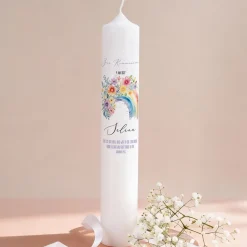 Personalisierte XXL Kerze mit Regenbogen & Blumen zur Kommunion, Taufe, Konfirmation & Jugendweihe