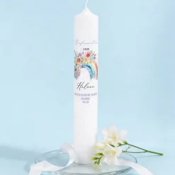 Personalisierte XXL Kerze mit Regenbogen & Blumen zur Kommunion, Taufe, Konfirmation & Jugendweihe