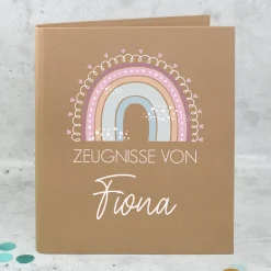 Personalisierte Zeugnismappe aus Leinen mit Name und Regenbogenmotiv | Farbauswahl