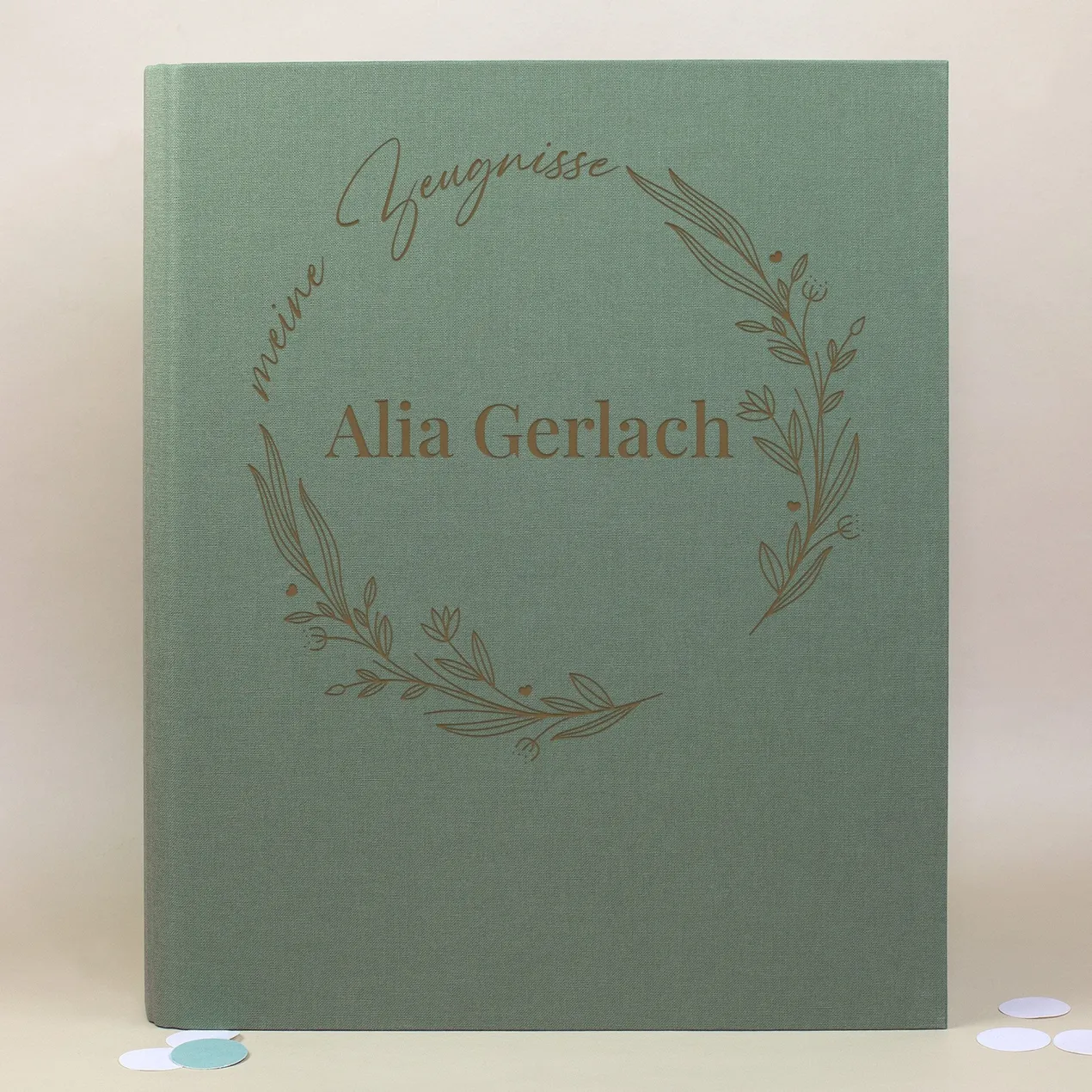 Personalisierte Zeugnismappe aus Leinen graviert mit Name und floralem Line Art Motiv | Farbauswahl