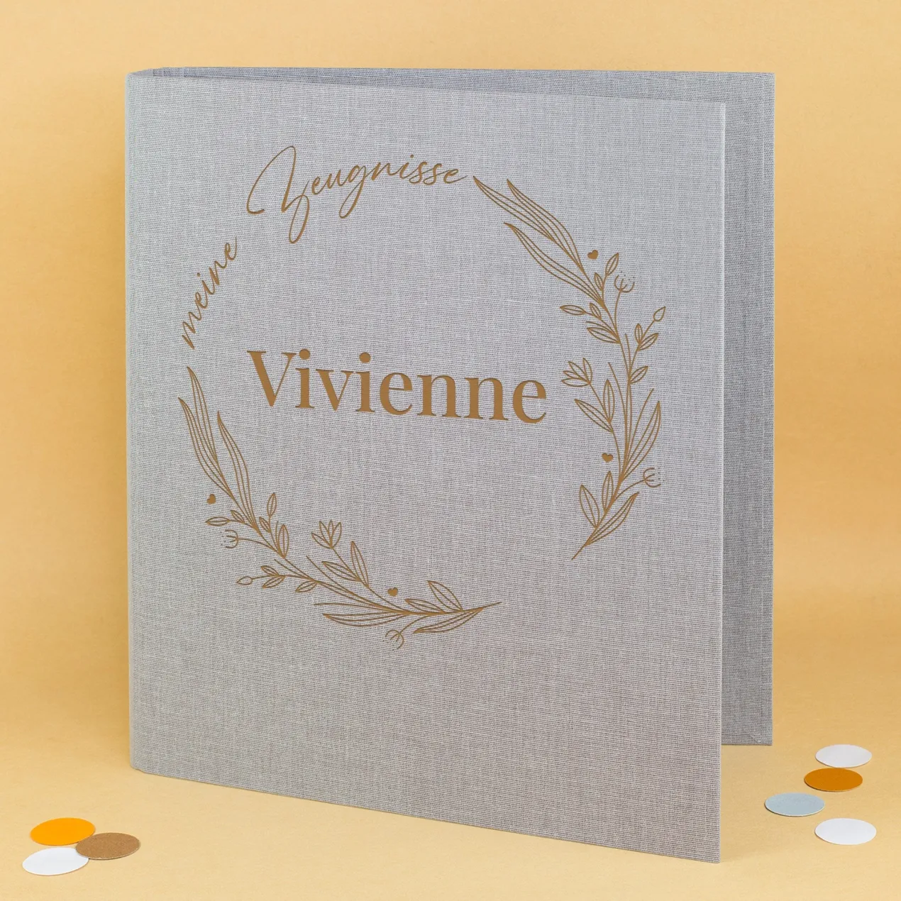 Personalisierte Zeugnismappe aus Leinen graviert mit Name und floralem Line Art Motiv | Farbauswahl