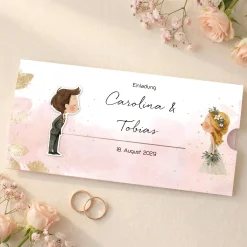 Personalisierte Ziehkarte als Hochzeitseinladung mit Kussmotiv Brautpaar | Effektkarte DIN-lang