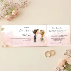 Personalisierte Ziehkarte als Hochzeitseinladung mit Kussmotiv Brautpaar | Effektkarte DIN-lang