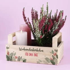 Pflanzkiste zu Weihnachten mit zwei Zeilen Wunschtext bedruckt