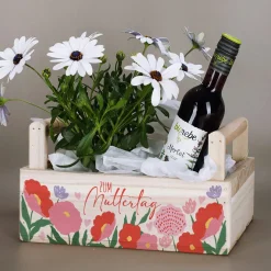 Pflanzkorb aus Holz zum Muttertag mit Blumenmotiv | Geschenkverpackung & Pflanzkiste in 3 Varianten