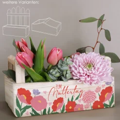 Pflanzkorb aus Holz zum Muttertag mit Blumenmotiv | Geschenkverpackung & Pflanzkiste in 3 Varianten