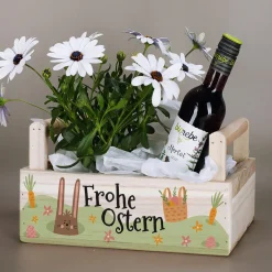 Pflanzkorb zu Ostern 'Frohe Ostern' aus Holz | Geschenkkorb mit Hasenmotiv in 3 Varianten