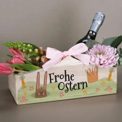 Pflanzkorb zu Ostern 'Frohe Ostern' aus Holz | Geschenkkorb mit Hasenmotiv in 3 Varianten