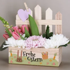 Pflanzkorb zu Ostern 'Frohe Ostern' aus Holz | Geschenkkorb mit Hasenmotiv in 3 Varianten