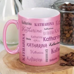 Pinke Glitzertasse in persönlicher Tassentasche mit Name und Wunschtext