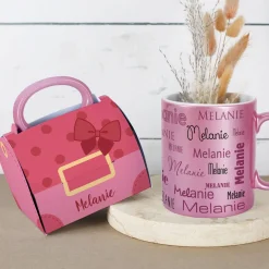 Pinke Glitzertasse in persönlicher Tassentasche mit Name und Wunschtext