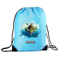 Pixel-Art Sportbeutel in hellblau mit Insel und Name