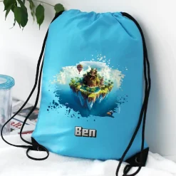 Pixel-Art Sportbeutel in hellblau mit Insel und Name