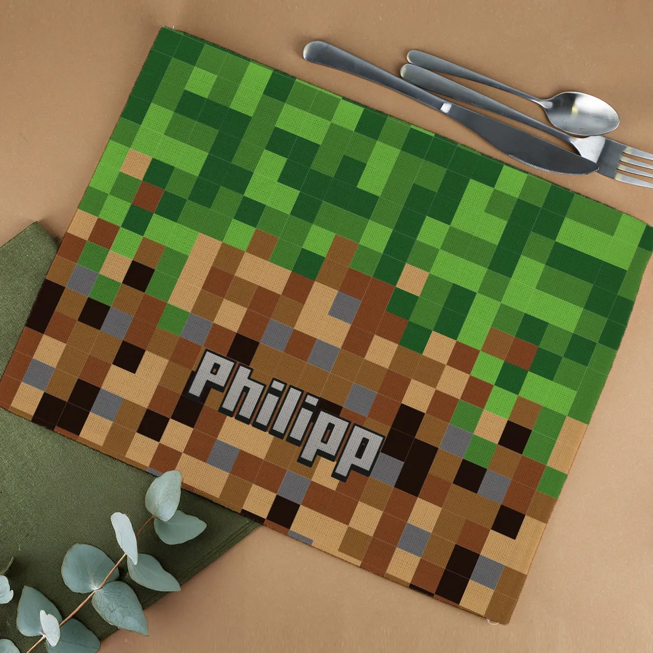 Platzdeckchen aus Stoff im Pixel-Art-Design mit Name personalisiert für Kinder und Gamer