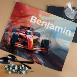 Platzdeckchen aus Stoff mit Rennwagen und Wunschname