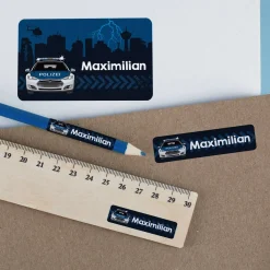 Polizei-Aufkleber mit Streifenwagen und Name