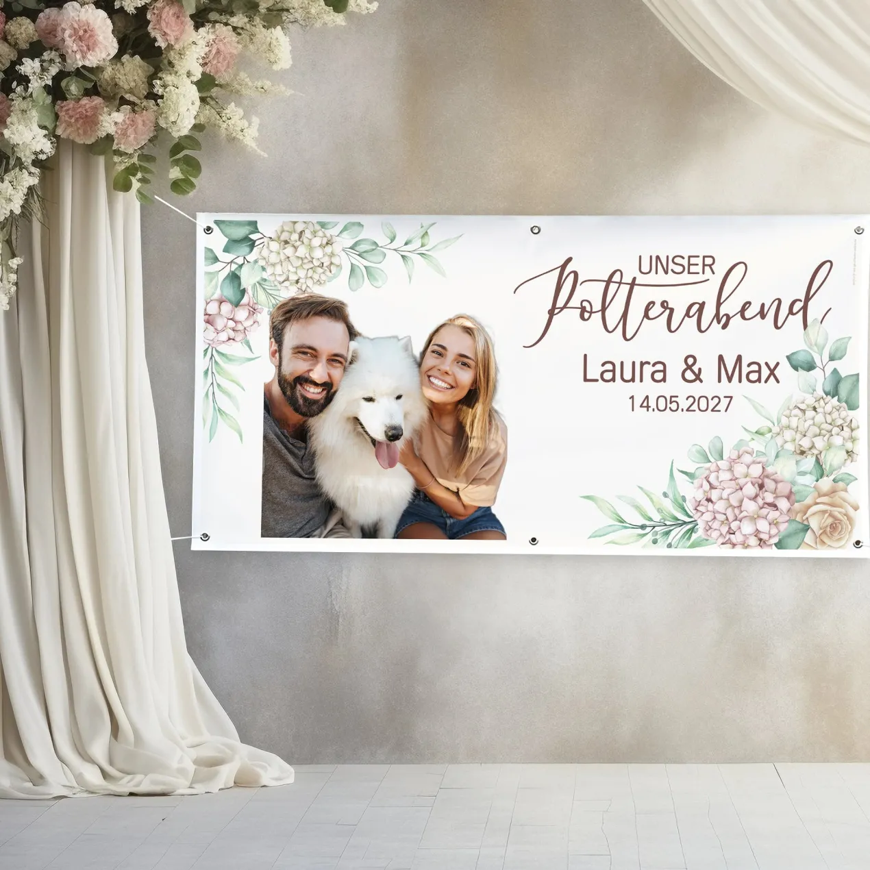 Polterabend Banner personalisiert mit Foto, Namen & Datum | Fotobanner Geschenk
