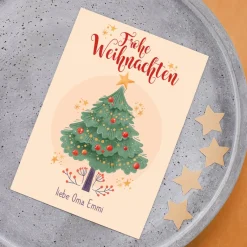 Postkarte - Frohe Weihnachten - mit Weihnachtsbaum, Sternen und Wunschtext