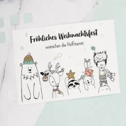 Postkarte zu Weihnachten - lustige Wintertiere - mit Wunschtext