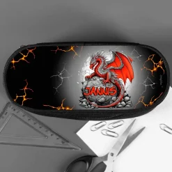 Praktische Stiftebox mit rotem Drache und Name