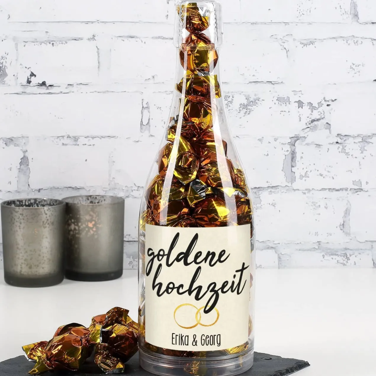 Pralinenflasche zur Goldhochzeit mit Namensaufdruck