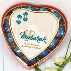 Pralinenherz zum Zuckerfest mit Wunschtext | Eid Mubarak Pralinen | 2 Sorten & Farbauswahl