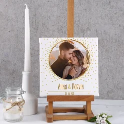 Quadratische Fotoleinwand mit goldenem Motiv zur Hochzeit