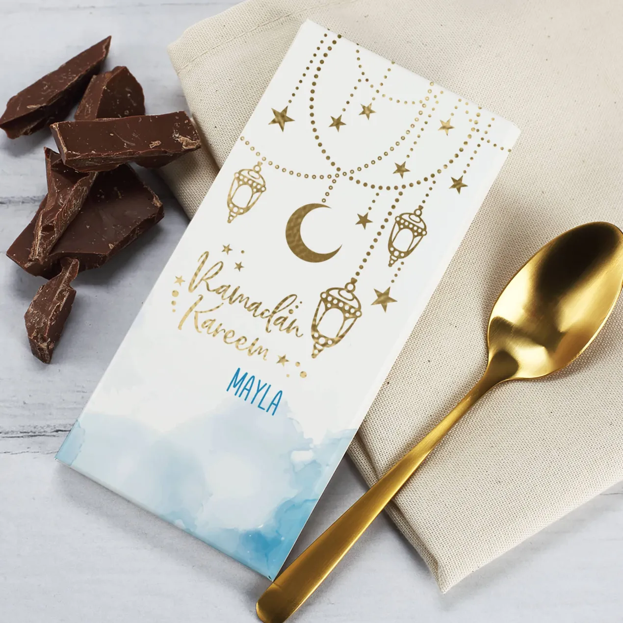 Ramadan Kareem - Schokolade mit Goldveredelung und Name personalisiert