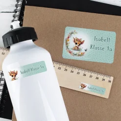 Rehkitz - Schulaufkleber mit Blumen und Name (100 Stück)