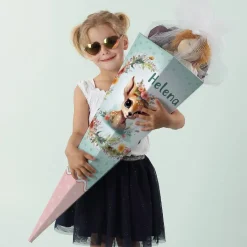 Rehkitz - Schultüte mit Name und Blumen bedruckt