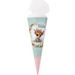 Rehkitz - Schultüte mit Name und Blumen bedruckt